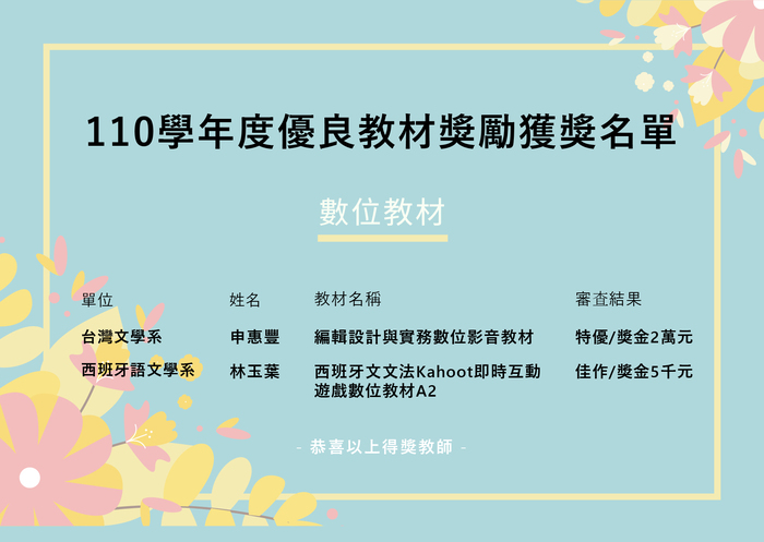恭喜！本系申惠豐老師110學年度優良教材獎勵獲獎！圖片